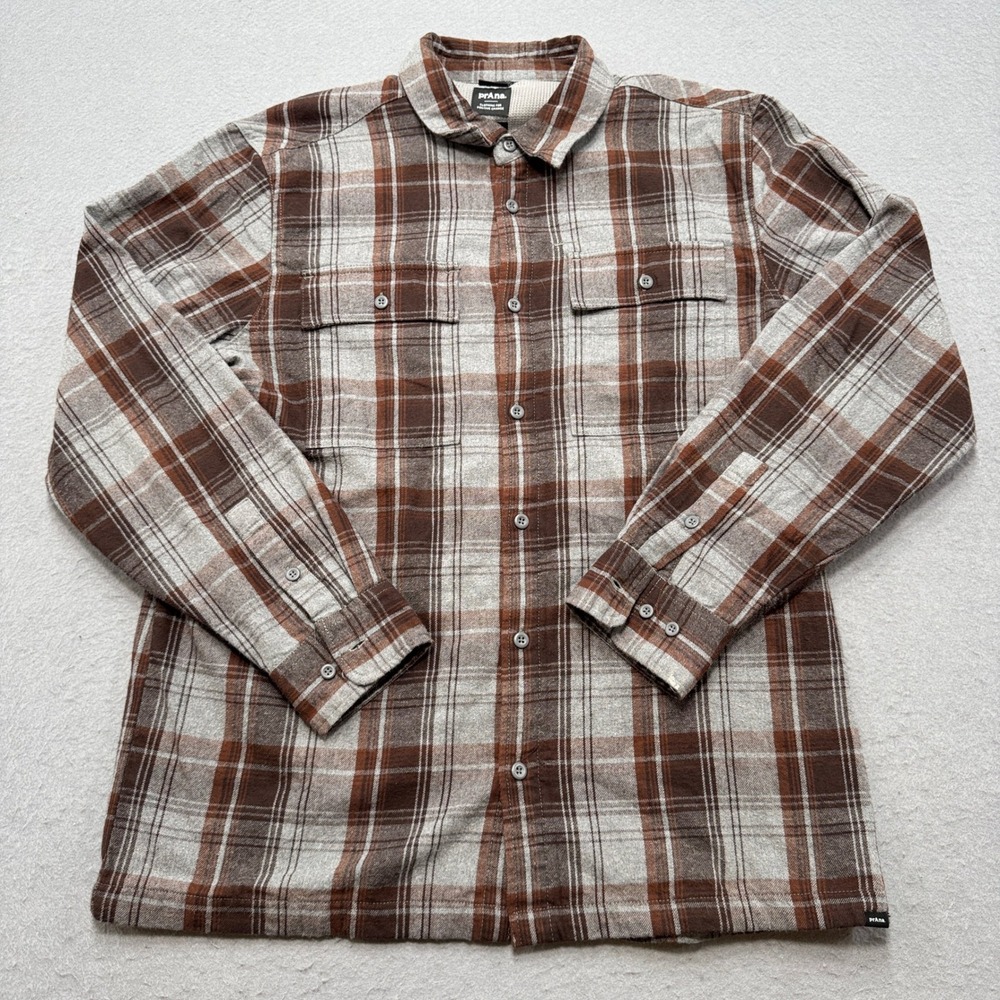 Prana Flannel Shirt Men's Large Brown Plaid Waffle Lined Long Sleeve Button Down - Picture 2 of 7